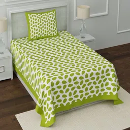Aura Green & White Geometric 120 TC Pure Cotton Single Bedsheet with 1 Pillow Cover-image-39