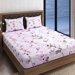 Aura Purple & White Floral Cotton160 TC Queen Bedsheet with 2 Pillow Covers-image-83