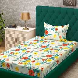 KLOTTHE White & Yellow Floral Printed 300 TC Fitted Single Bedsheet & Pillow Cover-image-23