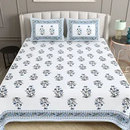 BELLA CASA White & Blue Floral Printed 180 TC King Bedsheet with 2 Pillow Covers-picture-40