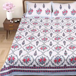ROMEE Blue & White Ethnic Motif 220 TC Pure Cotton King Bedsheet with 2 Pillow Covers-image-53