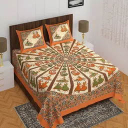 UNIQCHOICE Brown & Green Printed Cotton 120 TC Queen Bedsheet With 2 Pillow Covers-image-52