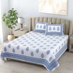 DE CAMA Blue & White Ethnic Motifs 300 TC King Bedsheet With 2 Pillow Covers-image-97