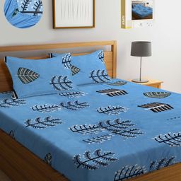KLOTTHE Blue Floral 300 TC King Size Fitted Bedsheet with 2 Pillow Covers-image-80
