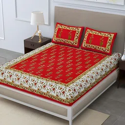 POORAK Red & Yellow Floral 104 TC Queen Bedsheet with 2 Pillow Covers-image-17