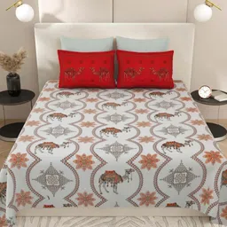 LIVING ROOTS Grey Ethnic Motifs Pure Cotton 300 TC King Bedsheet with 2 Pillow Covers-image-96