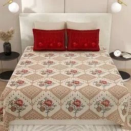 LIVING ROOTS Beige & Red Floral Pure Cotton 300 TC King Bedsheet with 2 Pillow Covers-image-77