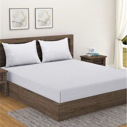 Home Sizzler White Striped Cotton 300 TC Queen Bedsheet with 2 Pillow Covers-image-26