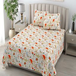 tundwal's Orange & White Floral Cotton 210 TC Queen Bedsheet with 2 Pillow Covers-picture-9