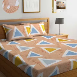 KLOTTHE Brown Geometric 300 TC King Size Fitted Bedsheet with 2 Pillow Covers-image-97