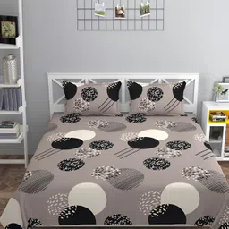FINE TEX WORLD Grey Geometric 210 TC Microfiber Fitted King Bedsheet With 2 Pillow Covers-image-94