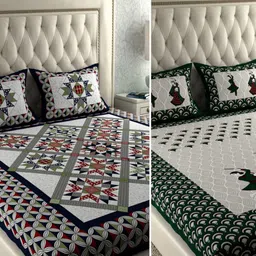 LA VERNE White & Green Graphic 104 TC 2 Queen Bedsheet with 4 Pillow Covers-image-57