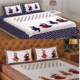 Runjhun White & Blue Ethnic Motifs 144 TC 2 Queen Bedsheet with 4 Pillow Covers-image-63