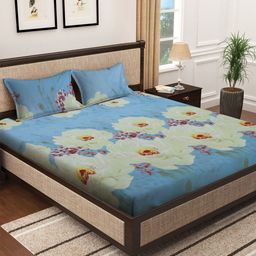 KLOTTHE Blue & Green Floral 300 TC King Bedsheet With 2 Pillow Covers-image-27