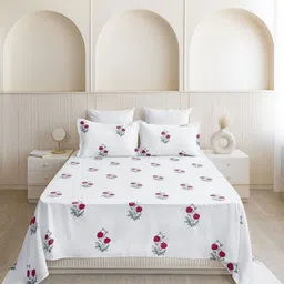 HOMEMONDE White & Red Floral 210 TC King Bedsheet with 2 Pillow Covers-image-42