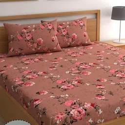 CG HOMES Brown & Red Floral Fitted 210 TC Queen Bedsheet With 2 Pillow Covers-picture-34