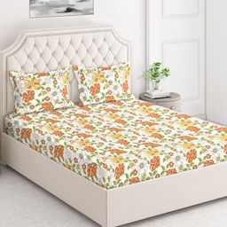 Layers White & Brown Floral 124 TC Flat King Bedsheet with 2 Pillow Covers-picture-43