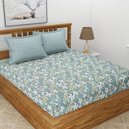 MORADO Grey & White Floral Polycotton 210 TC King Bedsheet With 2 Pillow Covers-image-60
