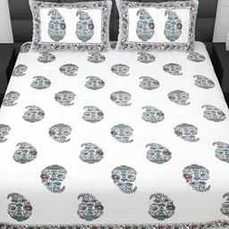 BELLA CASA Ethnic White & Teal Ethnic Motifs Cotton 180 TC King Bedsheet &2 Pillow Covers-picture-47