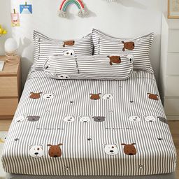 JC HOME Grey & White Conversational 150TC Fitted Queen Bedsheet with 2 Pillow Covers-image-40