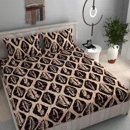 FINE TEX WORLD Brown Geometric Fitted 210 TC King Bedsheet with 2 Pillow Covers-image-46