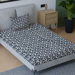 Aura Blue & White Floral Cotton 200 TC Single Bedsheet with Pillow Cover-picture-14
