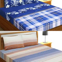 Aura Blue & White Striped 144 TC 2 Queen Bedsheet with 4 Pillow Covers-image-75