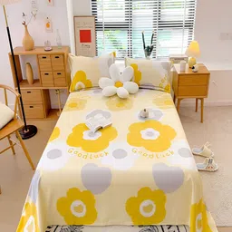 JC HOME Yellow Floral Pure Cotton 210 TC Single Bedsheet With 2 Pillow Covers-image-81