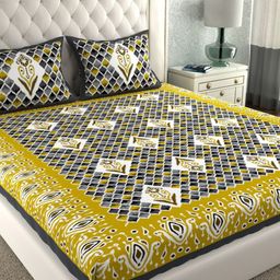 LA VERNE White & Green Ethnic Motifs 140 TC Cotton King Bedsheet With 2 Pillow Covers-image-98