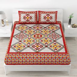 Aapno Rajasthan Red & Grey Geometric 120 TC Cotton Queen Bedsheet With 2 Pillow Covers-image-6