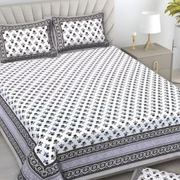 Serene Decor Grey & White Floral Cotton 160 TC King Bedsheet With 2 Pillow Covers-image-97