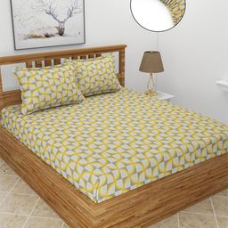 MORADO Yellow & Grey Geometric Printed 210 TC Fitted Queen Bedsheet With 2 Pillow Covers-image-94