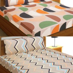 Aura Brown & Orange Geometric 144 TC 2 Queen Bedsheet with 4 Pillow Covers-image-62