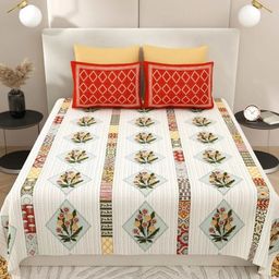 LIVING ROOTS Red & White Floral Pure Cotton 300 TC King Bedsheet with 2 Pillow Covers-image-91