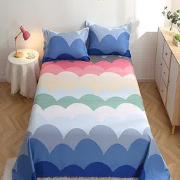 JC HOME White & Blue Graphic 210 TC Cotton King Bedsheet with 2 Pillow Covers-image-46