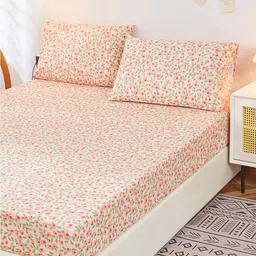 JC HOME Peach-Coloured & Green Floral 200 TC Fitted King Bedsheet & Pillow Covers-image-97
