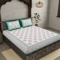 JAIPUR FABRIC Cream & Green Printed Cotton 210 TC Queen Bedsheet with 2 Pillow Covers-14