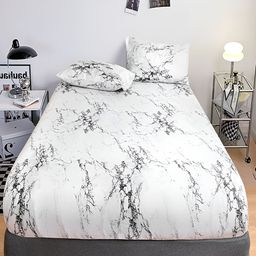 JC HOME White & Black Printed Fitted 140 TC Queen Bedsheet With 2 Pillow Covers-image-69