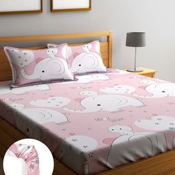Home Sizzler Pink & White Cartoon Characters Fitted 210 TC King Bedsheet & 2 Pillow Covers-image-93