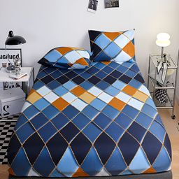 JC HOME Blue & Brown Geometric Fitted 140 TC Single Bedsheet With 1 Pillow Cover-19