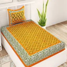 Aura Yellow & White Floral 120 TC Single Bedsheet With 2 Pillow Covers-image-99