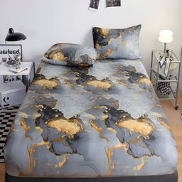 JC HOME Grey & Beige 140 TC Fitted King Bedsheet with 2 Pillow Covers-13