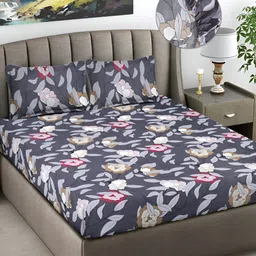 FABINALIV Floral Print 300 TC Fitted King Bedsheet with 2 Pillow Covers-image-7