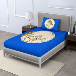 POORAK Blue & Cream Floral Cotton 104 TC Single Bedsheet with 1 Pillow Covers-image-76