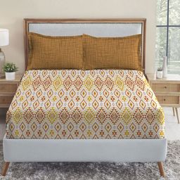 MYTRIDENT Mustard  Grey Ethnic Motifs 144 TC Queen Bedsheet with 2 Pillow Covers-58