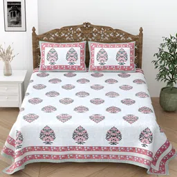 Comfowell Red & White Floral Printed Cotton 244 TC King Bedsheet With 2 Pillow Covers-35