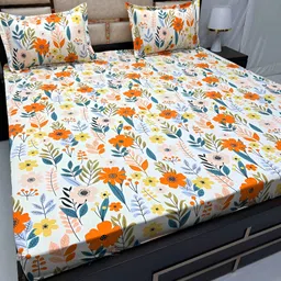 Pure Decor White & Blue Floral Cotton King Bedsheet with 2 Pillow Covers-picture-3