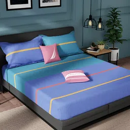 Nautica Blue & Orange Striped Pure Cotton 150 TC King Bedsheet With 2 Pillow Covers-image-54