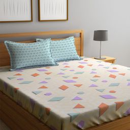 KLOTTHE Orange & Blue Geometric-Printed 300TC Fitted King Bedsheet & 2 Pillow Covers-image-52