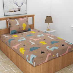 BREVARD Brown & Yellow Cartoon Characters 180 TC Single Bedsheet With 1 Pillow Cover-image-20
